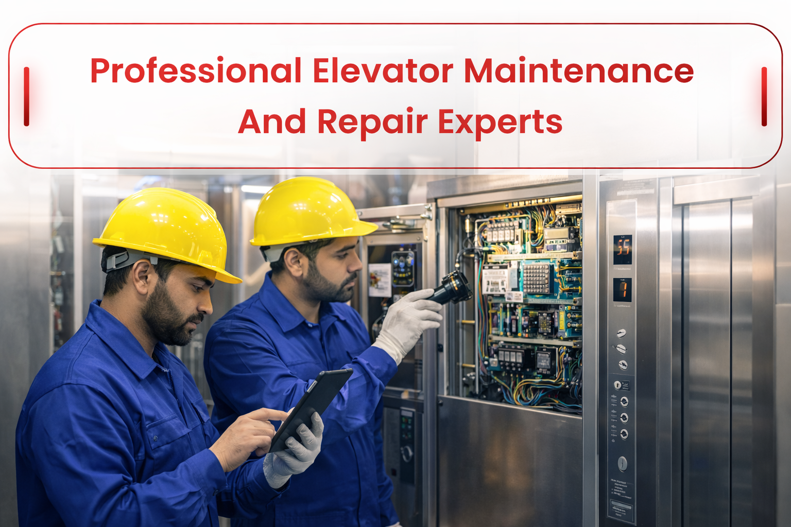 Professional elevator maintenance technicians inspecting and repairing lift control systems