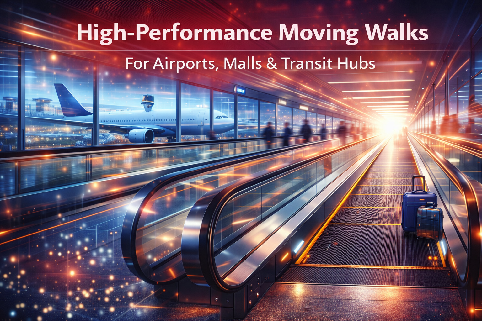 High-performance moving walk system in a modern airport terminal for smooth passenger movement