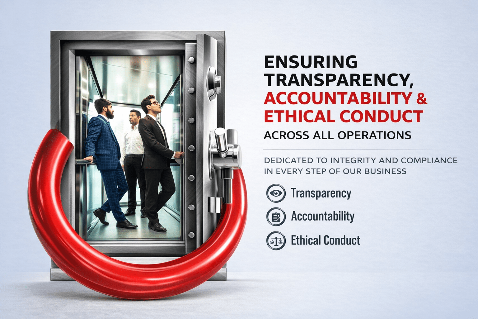 Illustration of professionals inside a secure elevator symbolizing transparency, accountability, and ethical business practices in elevator operations.