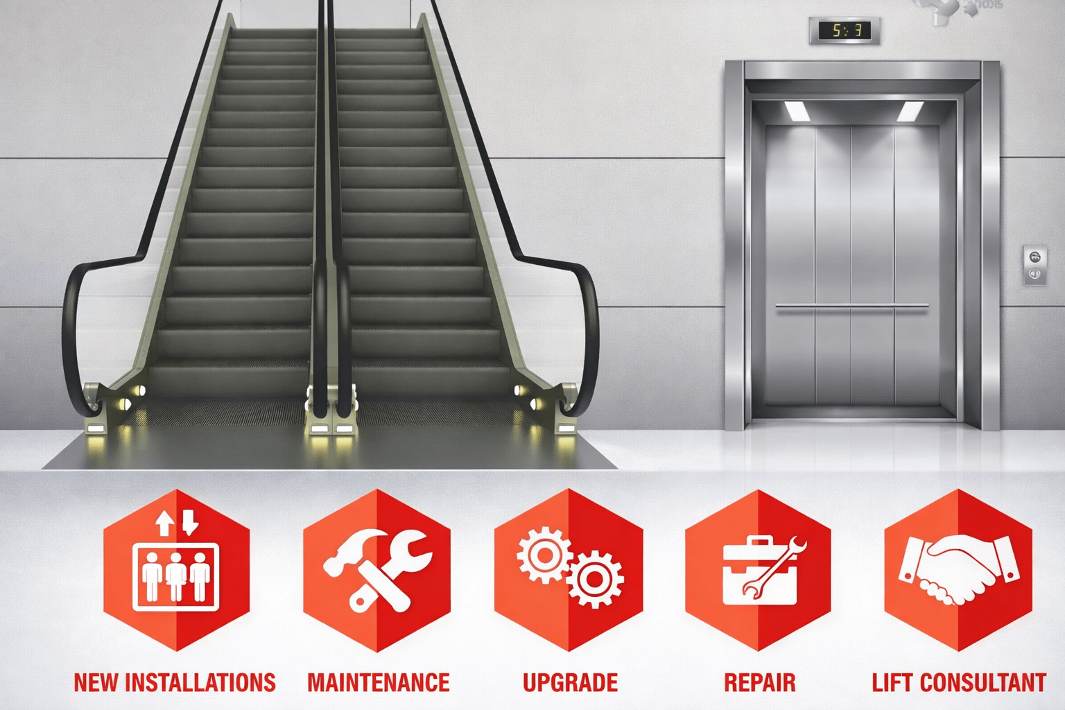 Illustration of professionals inside a secure elevator symbolizing transparency, accountability, and ethical business practices in elevator operations.